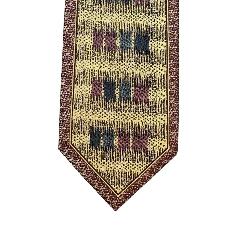 Brotex Cravatte Silk Tie Burgundy Gold Navy Abstract Geometric Textured Mens